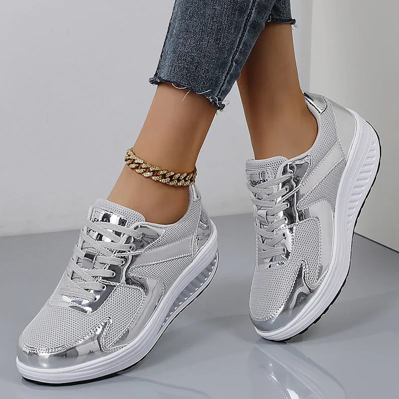 Women's fashionable thick bottom mesh elevator breathable shoes in gold colour with cross strap design