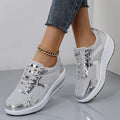 Women's fashionable thick bottom mesh elevator breathable shoes in gold colour with cross strap design