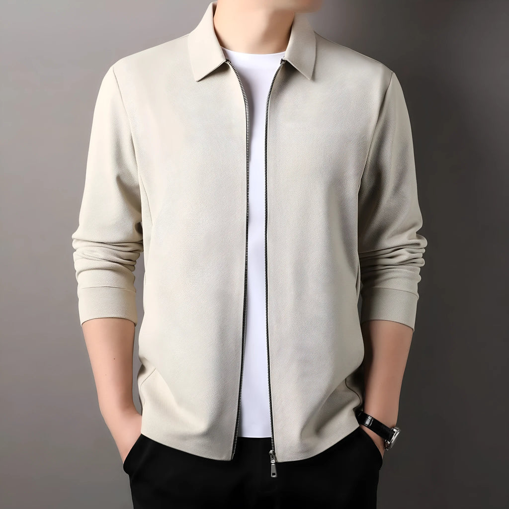 Men's polyester casual business jacket in three colours: black, dark grey, and apricot.