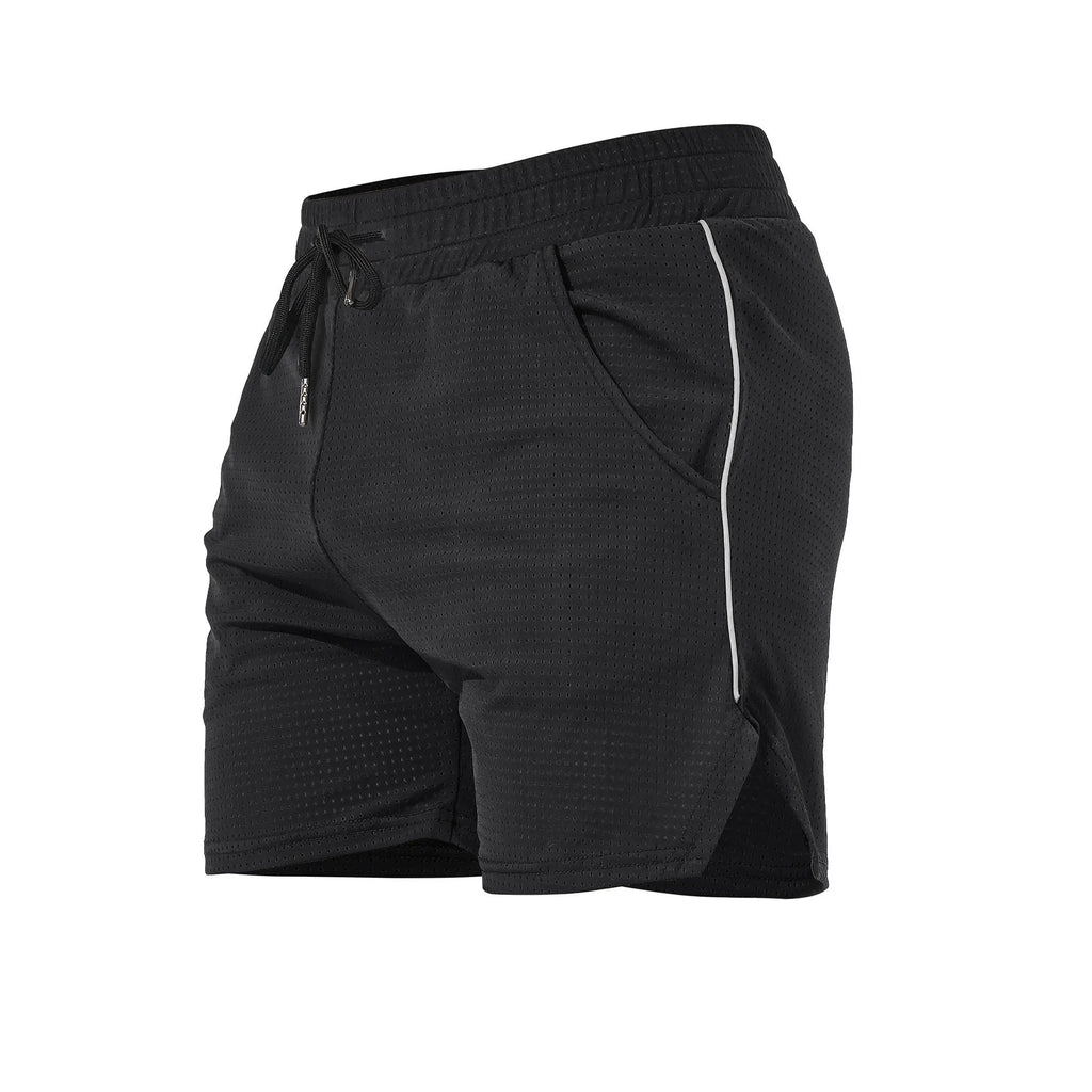 Man wearing straight-cut black polyester sports shorts for fitness or casual use.