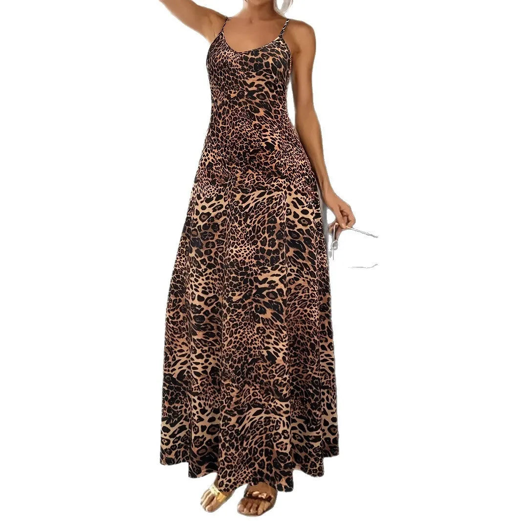 Dark brown leopard print casual dress with sleeveless design and round neckline