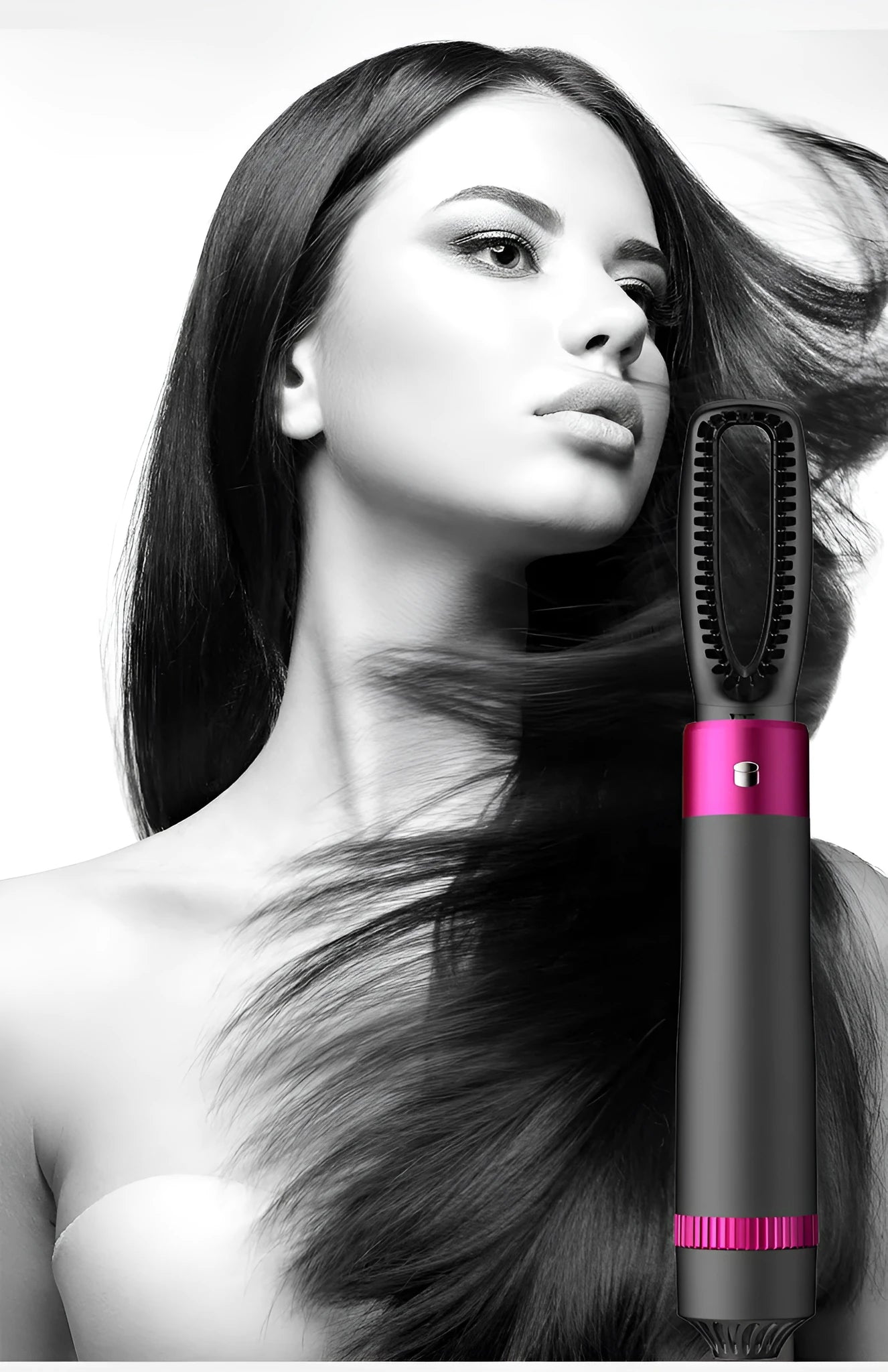 Dyson grey 5-in-1 hair dryer brush and straightening brush with five interchangeable attachments on a white background
