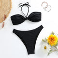 Black women's bikini swimwear set with lace-up tube top and matching briefs