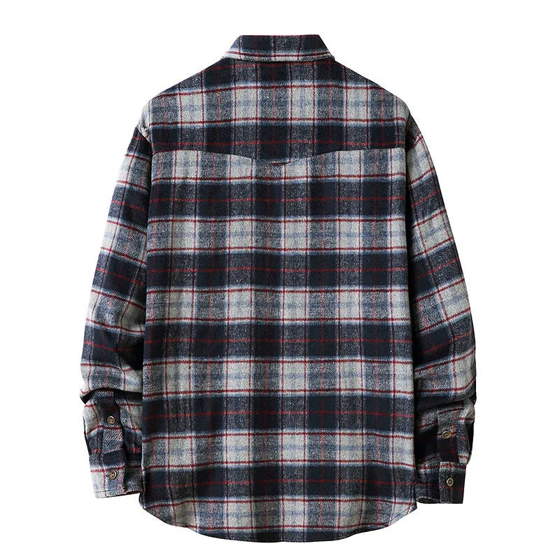 Men's long sleeve flannel plaid shirt jacket with corduroy contrast design on cuffs and collar, black colour