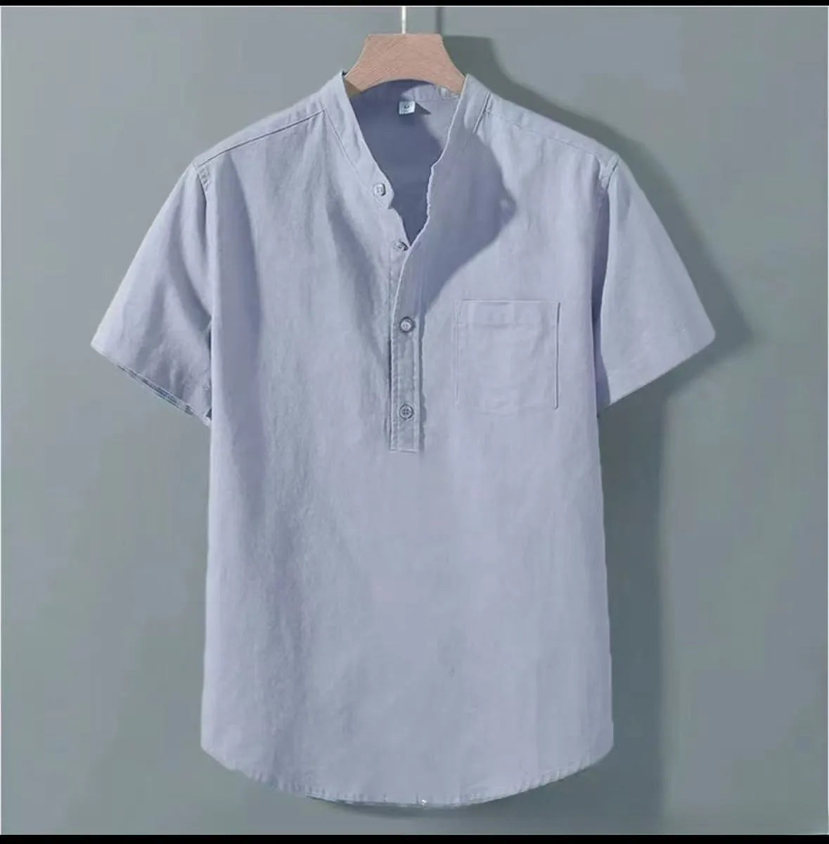 Men's casual stand collar short sleeve slub linen shirt in loose fit