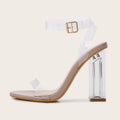 Apricot women's high heel sandals with clear glass heels and buckle fastening
