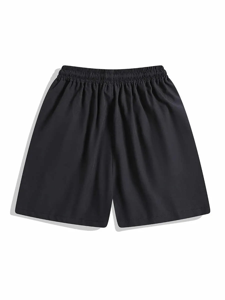 Men's quick-drying black sports shorts with elastic waistband and loose straight-leg fit
