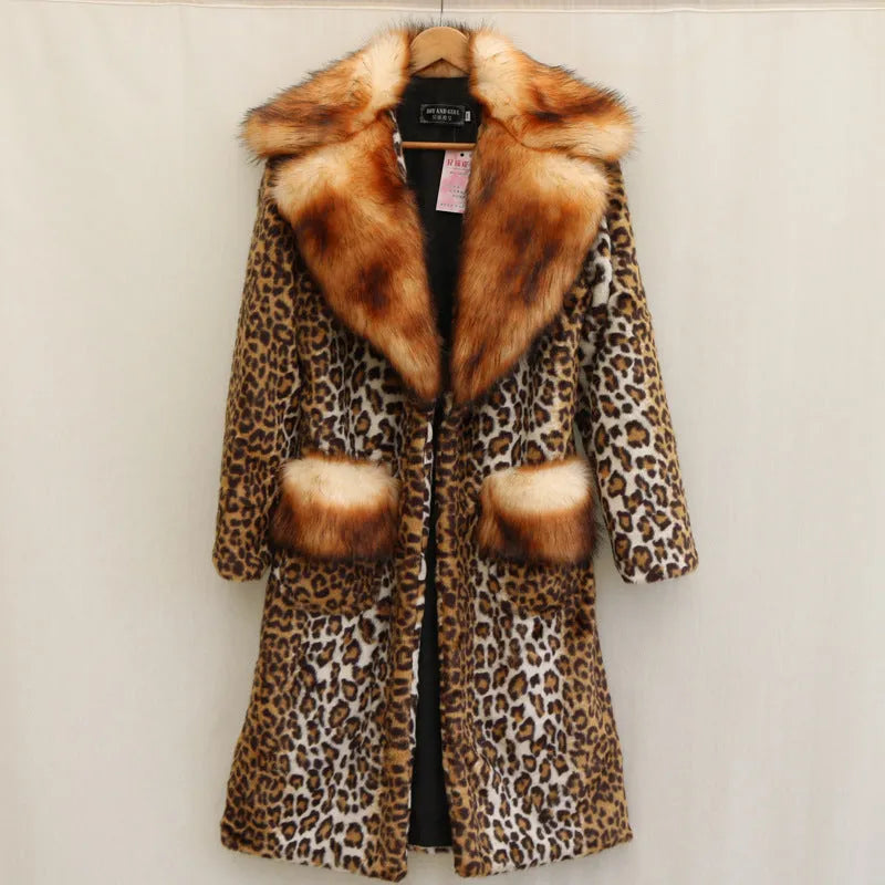 Women's long leopard print faux fur jacket with regular sleeves, shown in a casual setting.