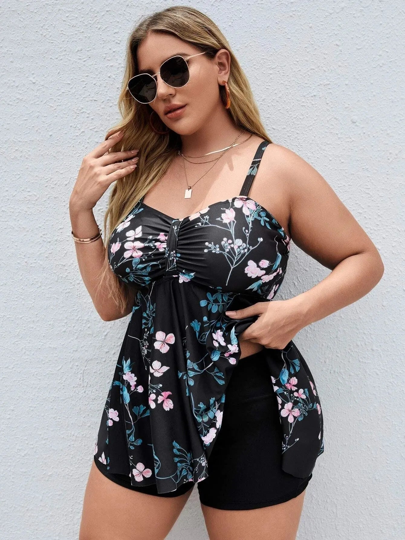 Women's split colour floral print one-piece swimsuit with high elasticity polyester fabric