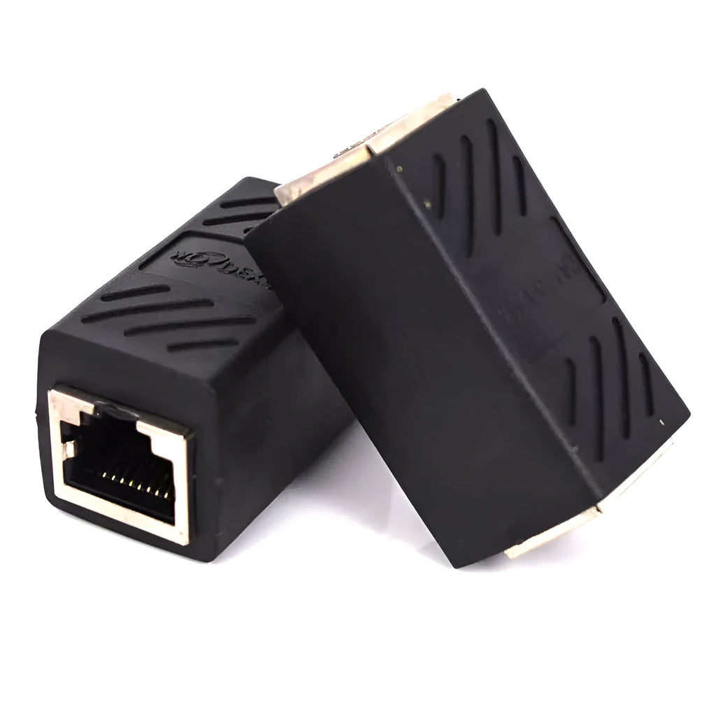 Black RJ45 network cable butt joint extender adapter with rotary union connector.
