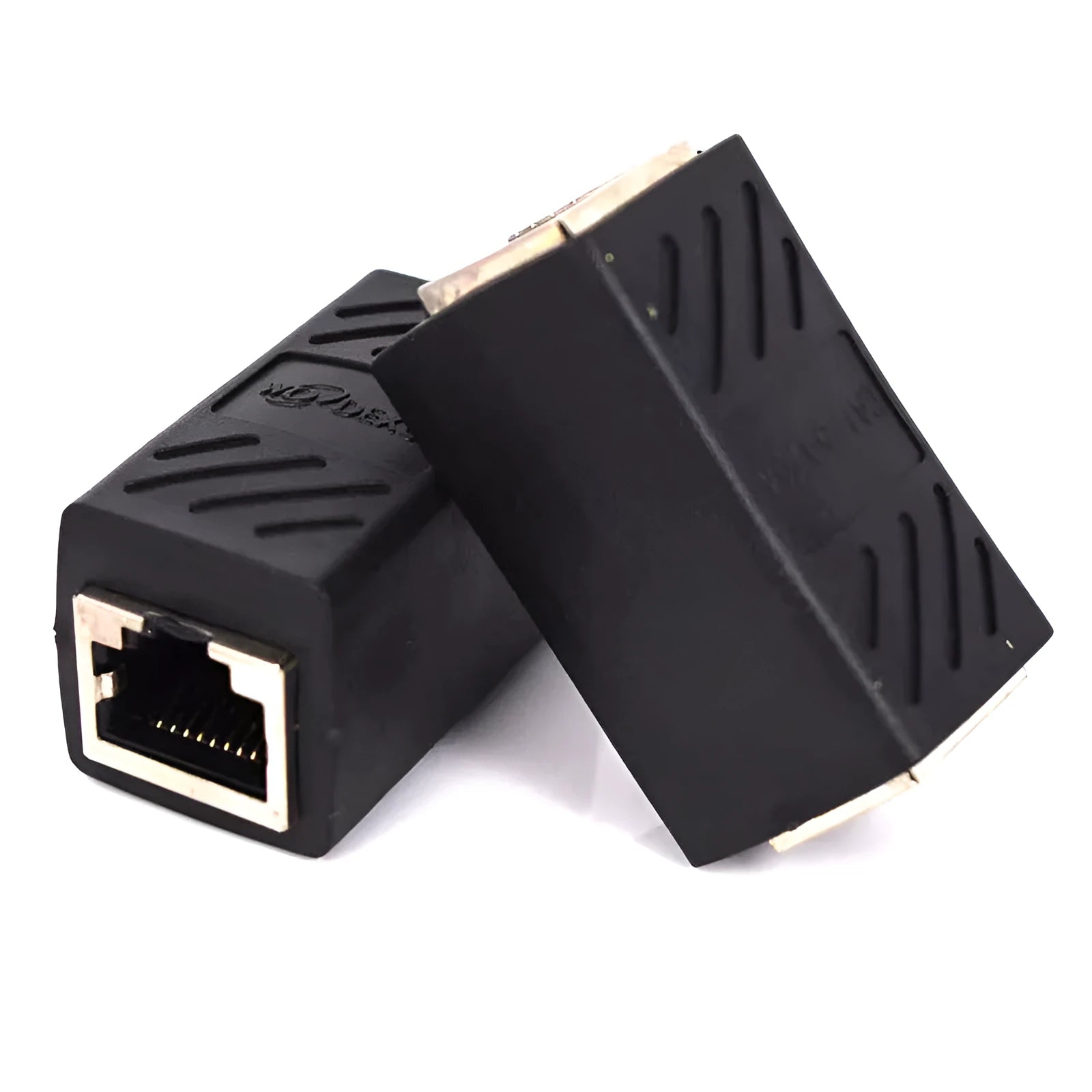 Black RJ45 network cable butt joint extender adapter with rotary union connector.