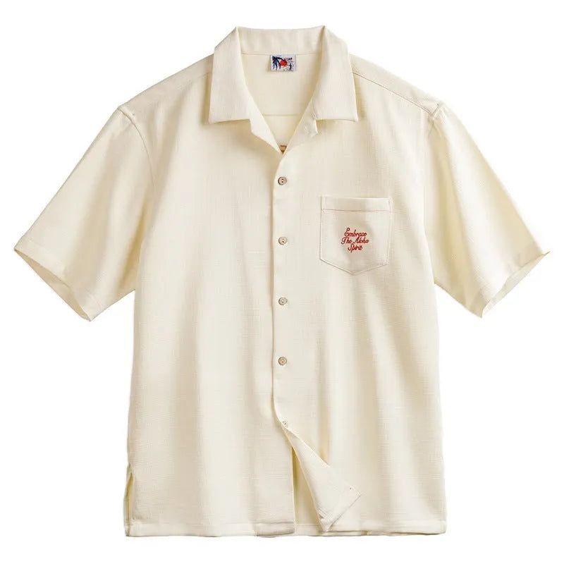 Men's light apricot bamboo pattern shirt with Cuban collar and plant flower design