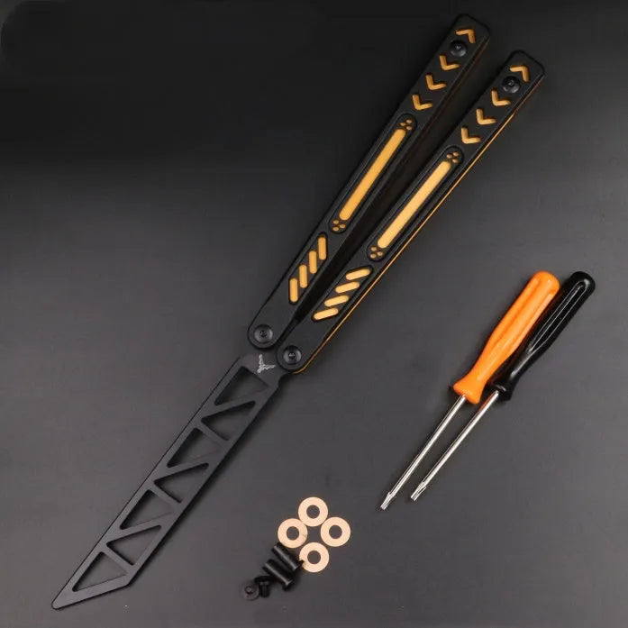Aluminium-handled unbladed butterfly knife trainer with G10 grip patches