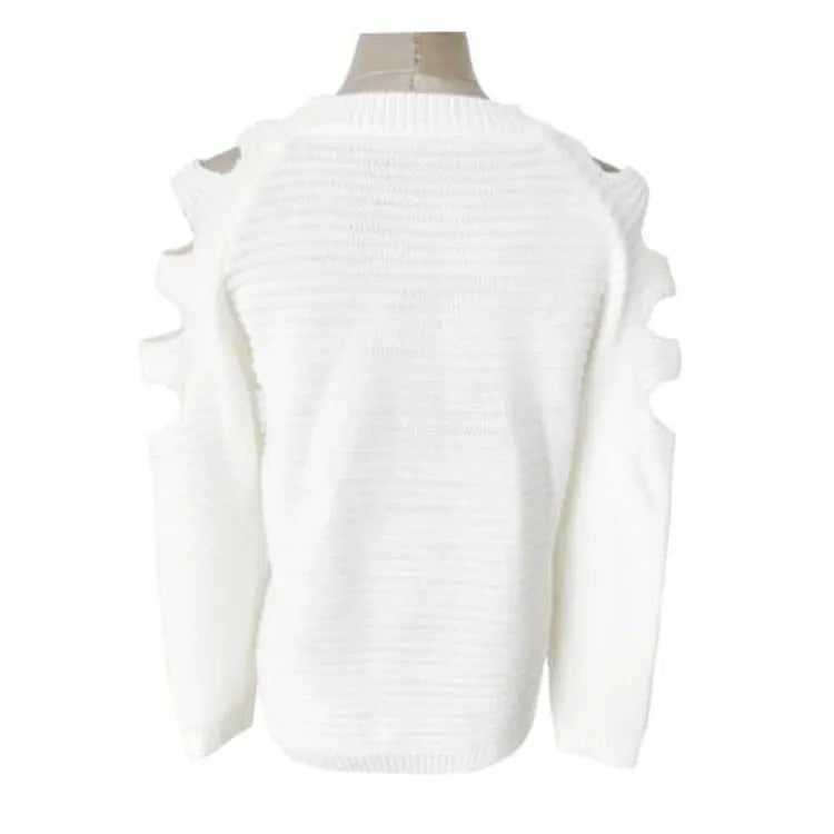 Women's white hollow-out crocheted knit long sleeve pullover shirt on a hanger.