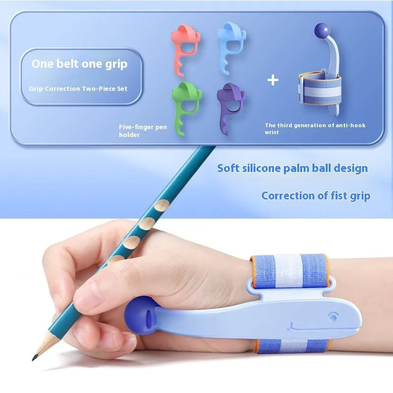 Blue anti-hook wrist brace pen corrector for children's handwriting posture on a desk.