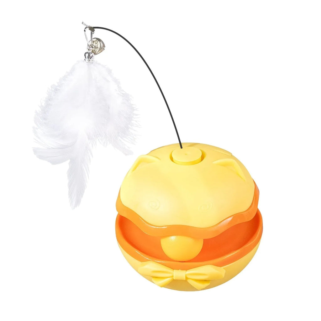 Electric cat toy tumbler with self-rotating base and teaser stick attachment in three colour options