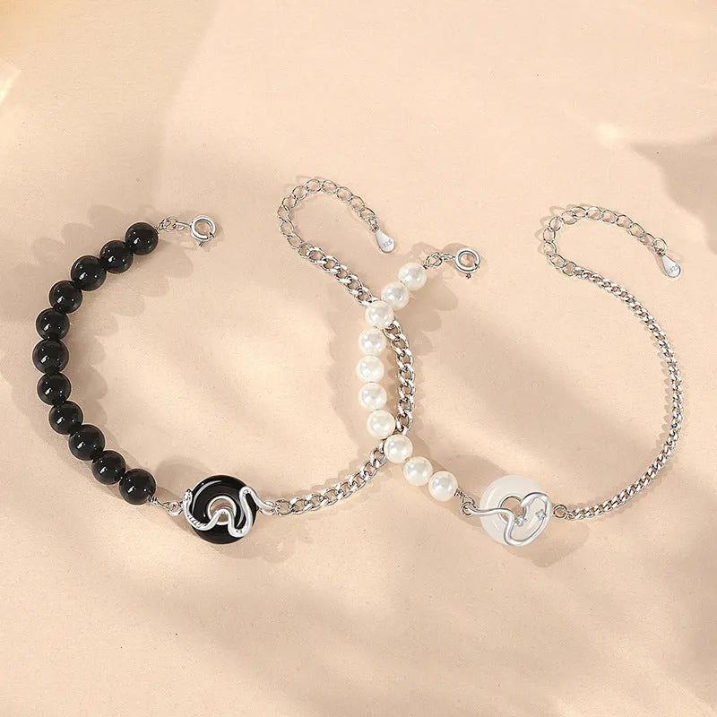 925 sterling silver New Chinese style couple bracelet with zodiac snake design and secure buckle clasp