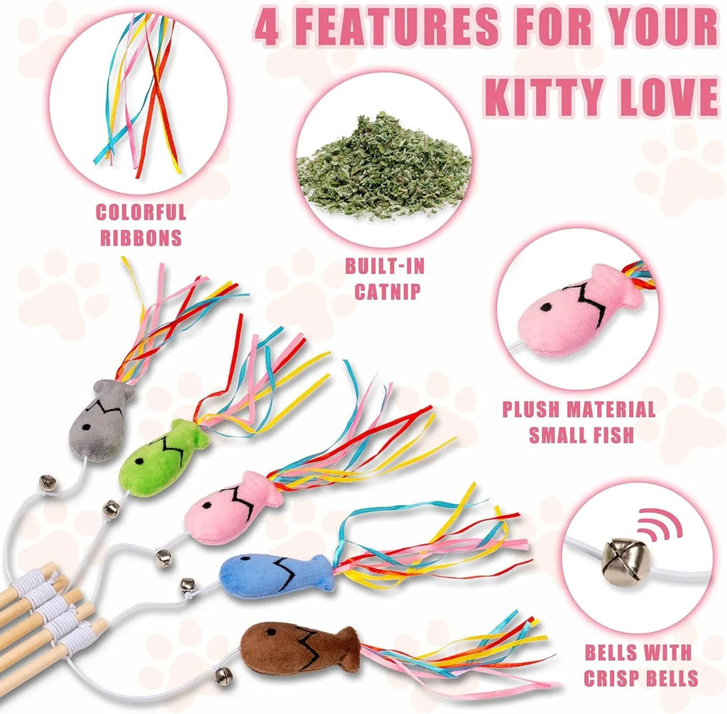 Cat wand toy with wooden handle, colourful ribbons, catnip fish, and bell attachment