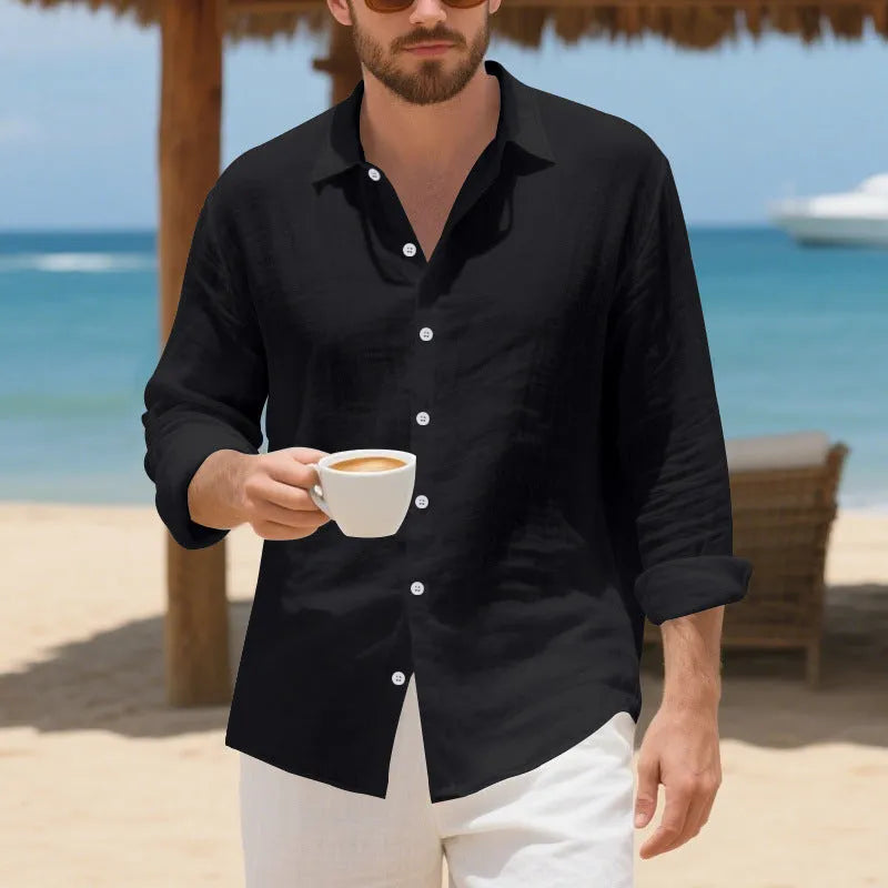 Men's loose-fit linen casual shirt in Army Green colour, showing non-ironing style