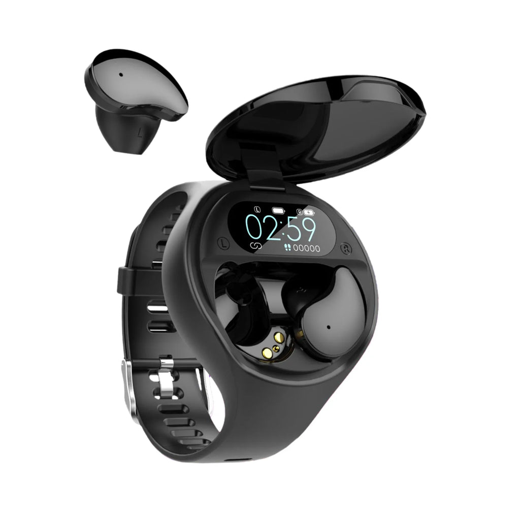 Black detachable smart watch and Bluetooth earphone combo with colour screen display