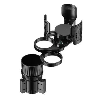 Black carbon fibre finish adjustable car cup holder with retractable base on a car console.