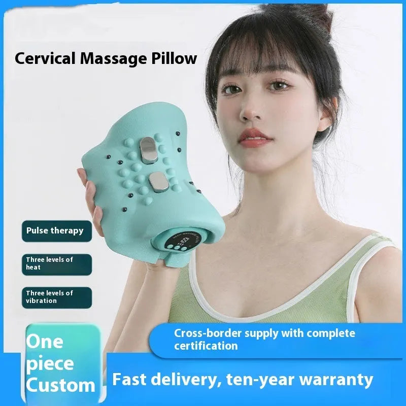 Blue-green cervical spine massage pillow showing compact 17cm design with EMS and hot compress functions