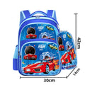 Blue children's cartoon print school backpack with pencil case, shown with dimensions 30cm by 14cm by 42cm.