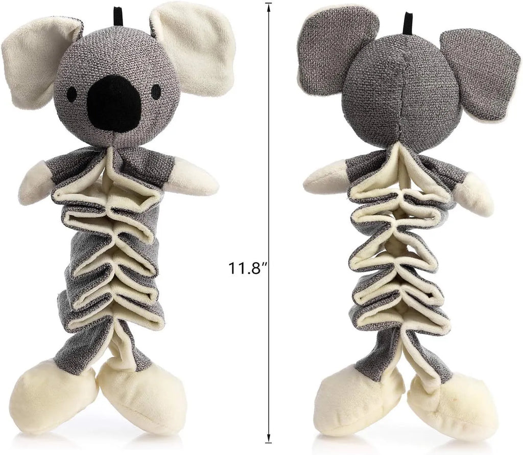 Grey koala dog chew toy with crinkle paper, measuring 30cm long, for small medium large dogs.