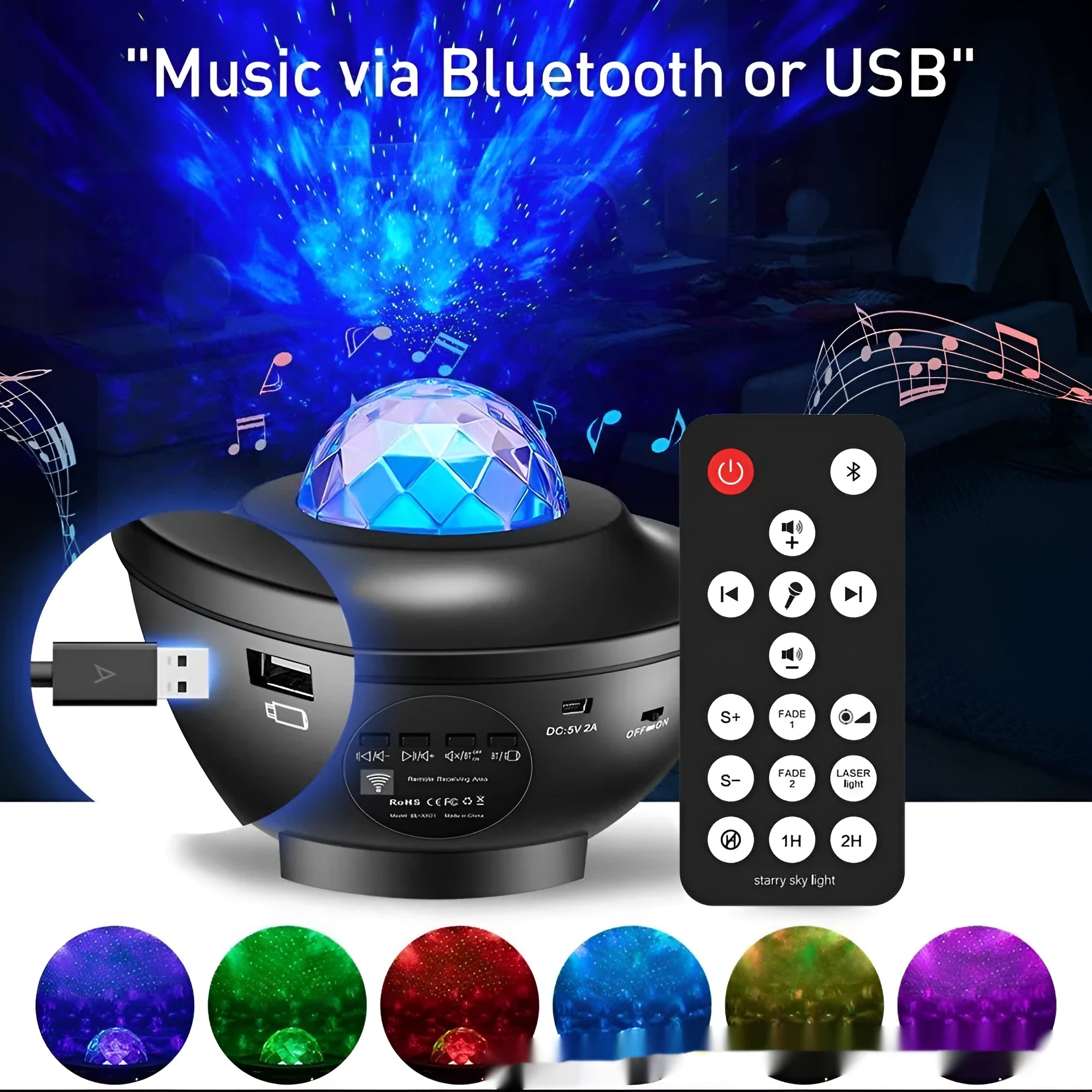 Black parallel style starry sky projection lamp with water ripple laser effects on desktop