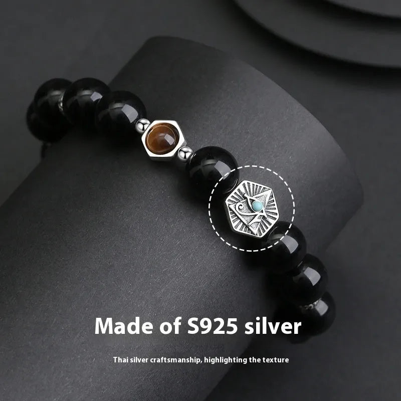 Men's geometric God's Eye obsidian bracelet in S925 sterling silver with retro styling