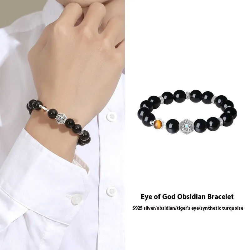 Men's geometric God's Eye obsidian bracelet in S925 sterling silver with retro styling