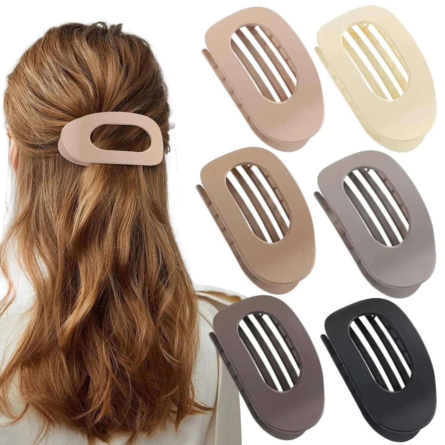 Set of six nude-coloured plastic hair clips with a quadrilateral shape and frosted grip.