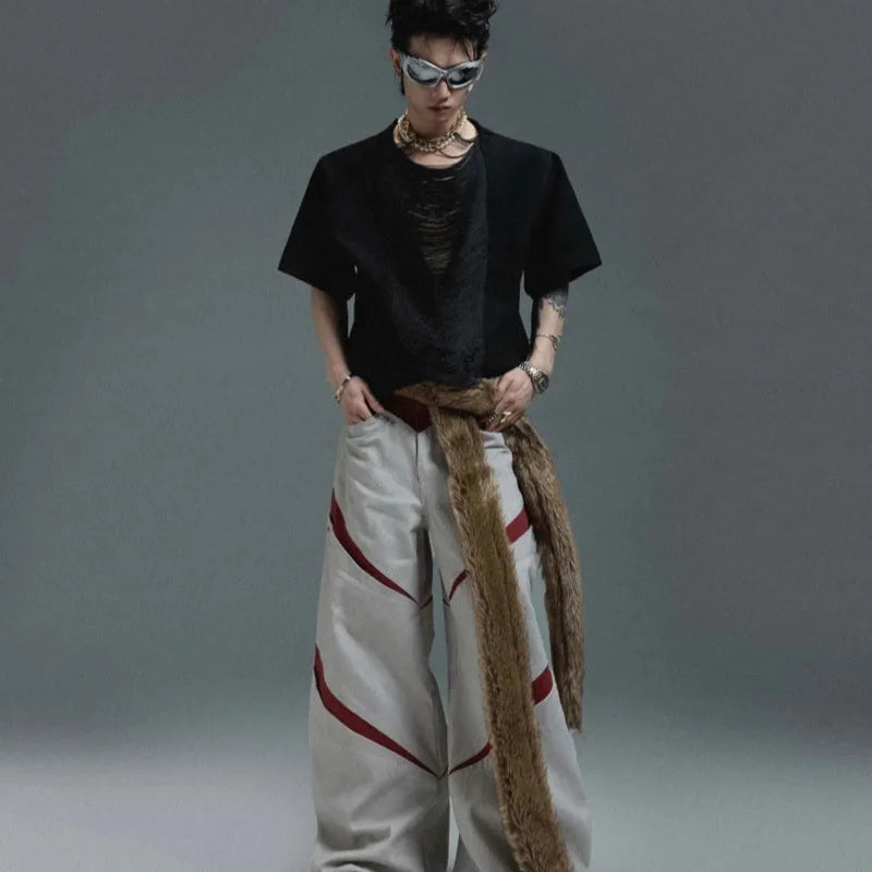 Black men's loose t-shirt with a hollow-out V-neck and short sleeves featuring a tassel detail.
