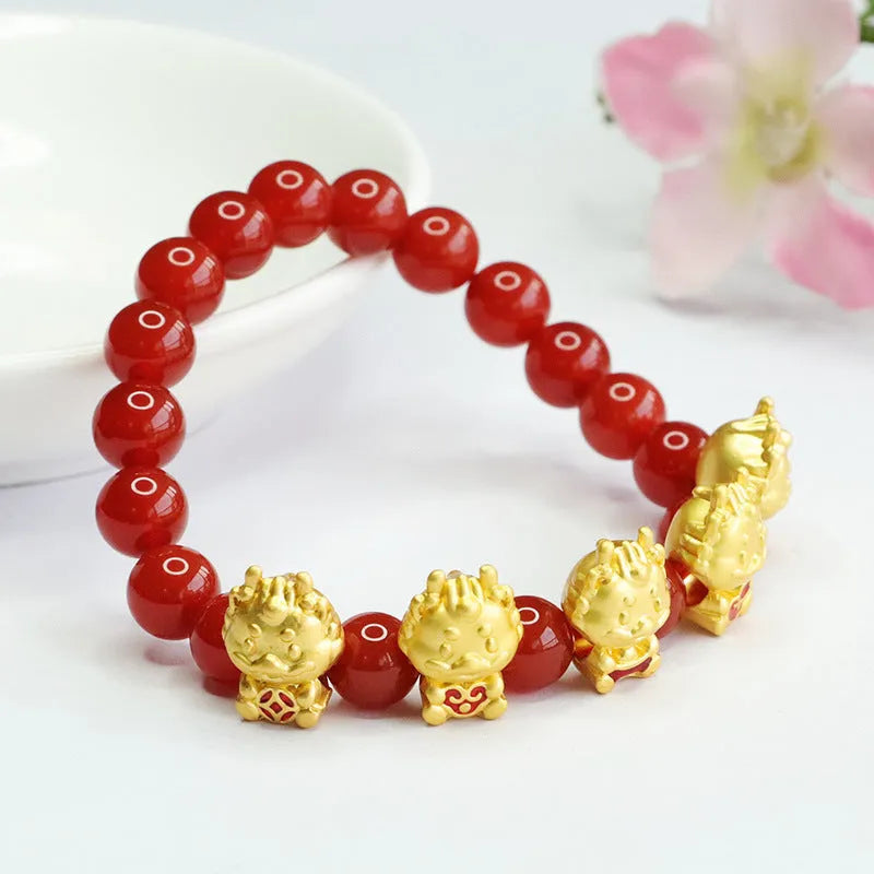 Natural red agate bracelet with five blessing dragon design on 8mm beads.