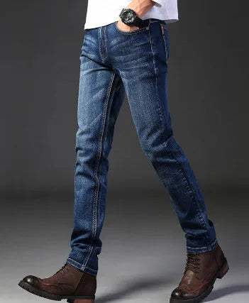 Men's straight stretch slim fit casual denim trousers in blue, cotton fabric, low waist, zipper fly