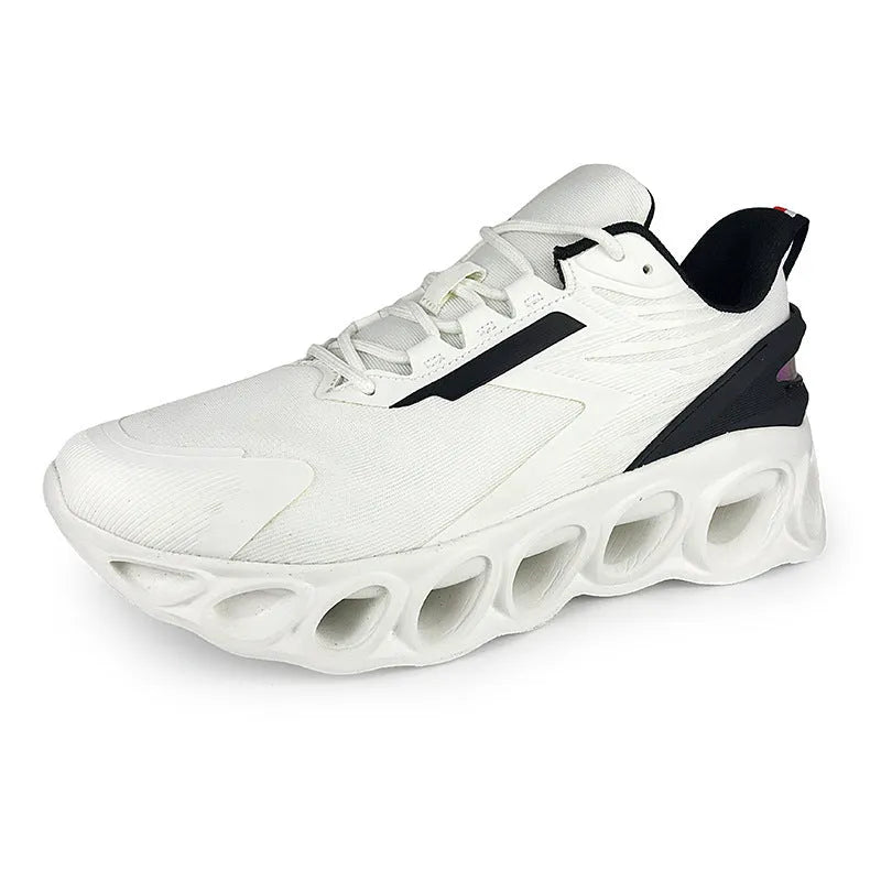 Men's low-top black mesh casual sports shoes with white laces and a light EVA sole.