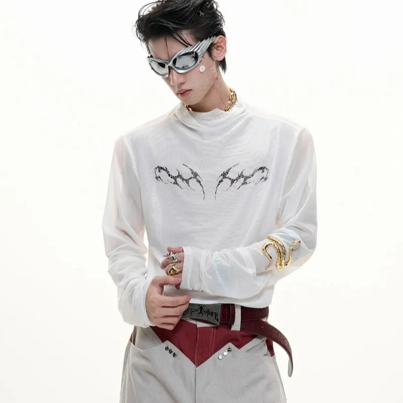 Man wearing a black niche mesh slim-fit long sleeve shirt showing texture and fit.