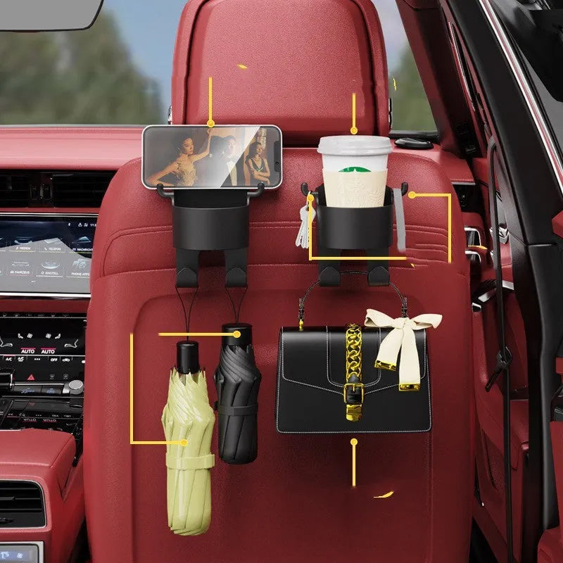 Black plastic car hook seat back organiser with cup holder and hanging hook