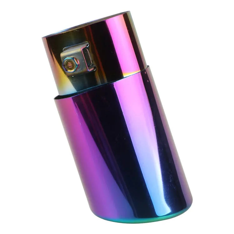 Stainless steel car exhaust tail pipe showing straight and curved style options in different coloured finishes.