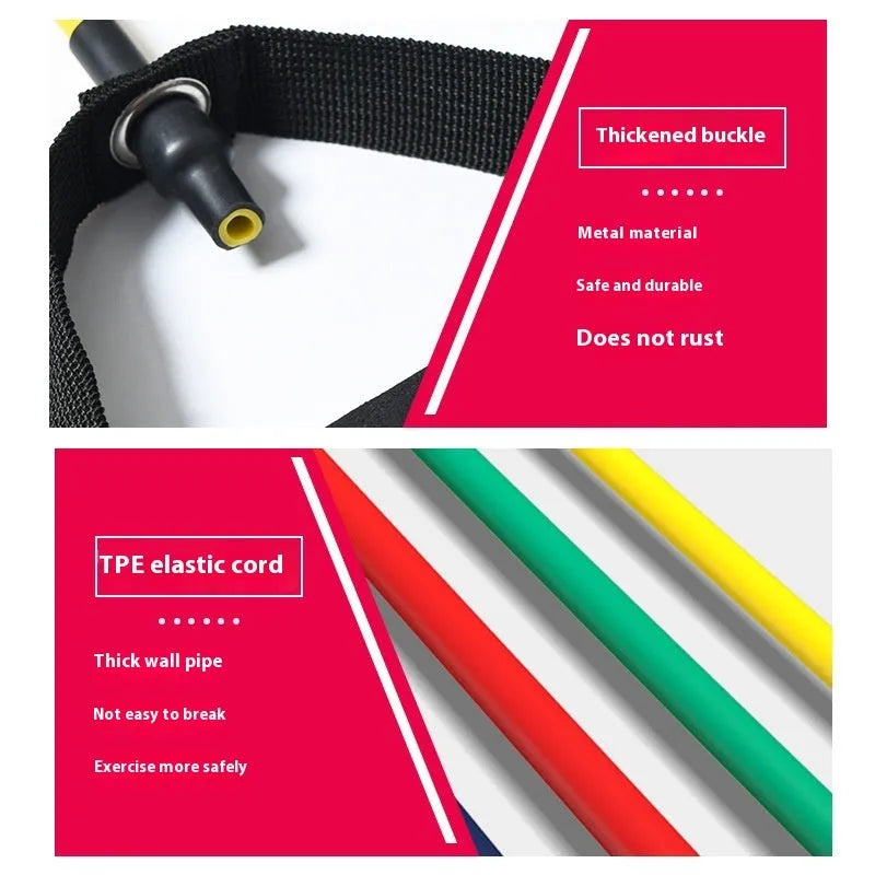 Adjustable chest expander with TPE tension rope in yellow, green, red, blue, and black colour options representing 10LB to 30LB resistance.