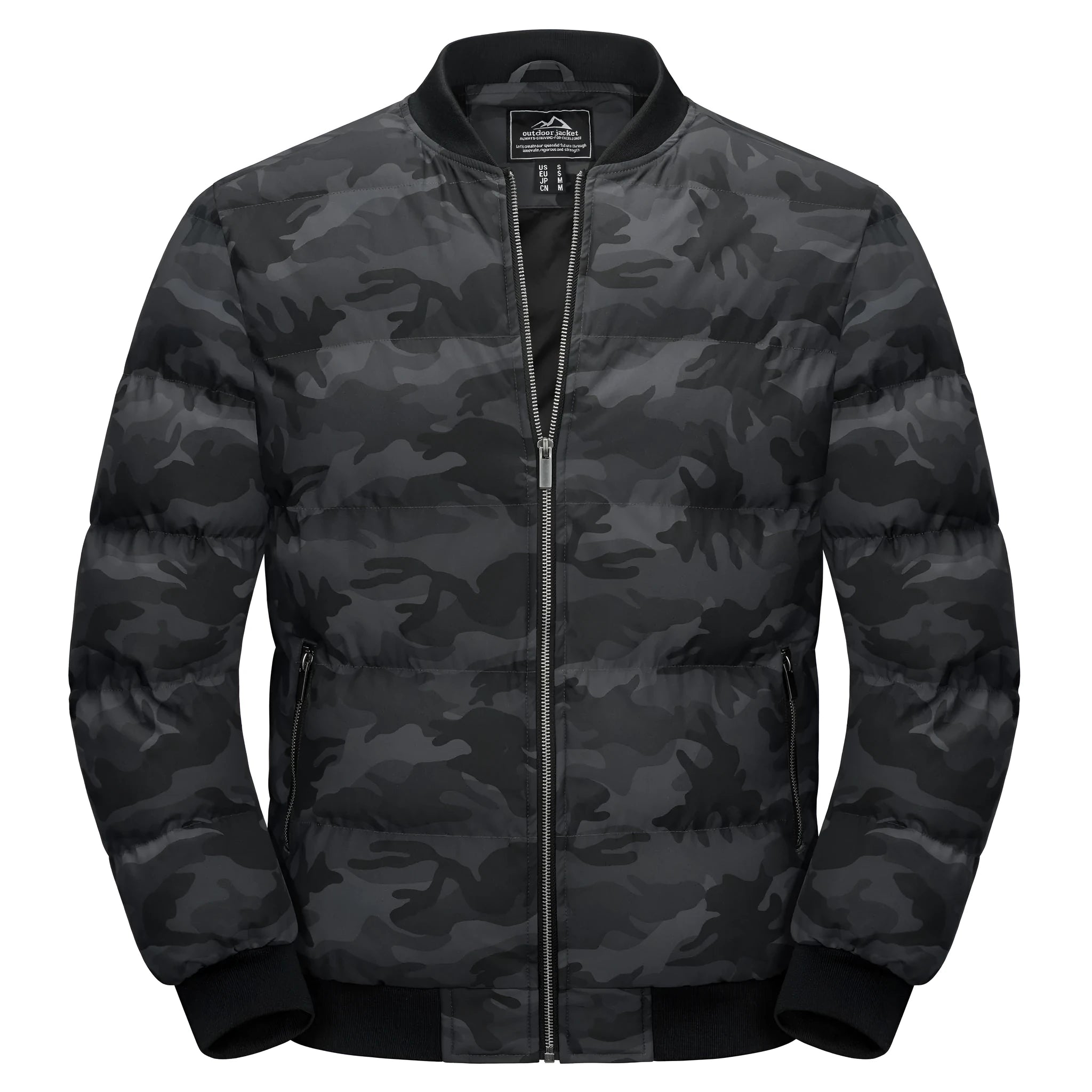 Men's windproof winter jacket in army green camouflage, polyester fibre, sizes M to 4XL