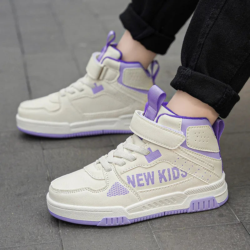 Children's beige green outdoor sneakers with a buckle closure and rubber sole.