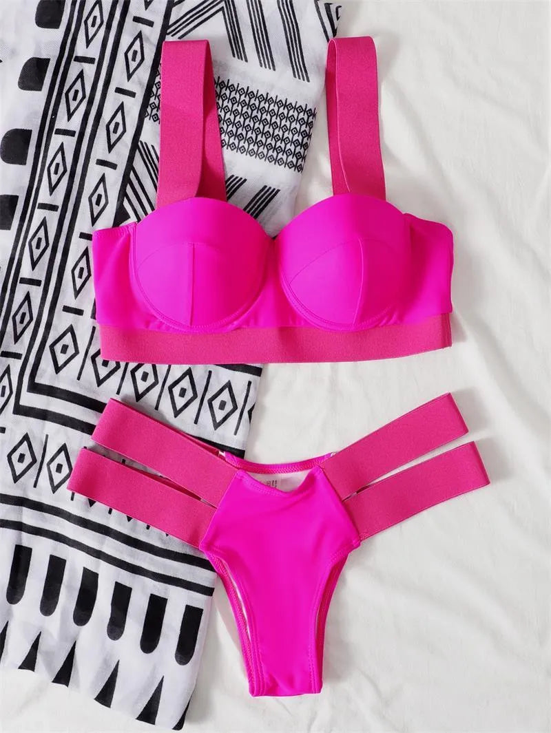 Women's steel bracket push-up bikini swimsuit in contrast colours: black, blue, peacock blue, and rose red.