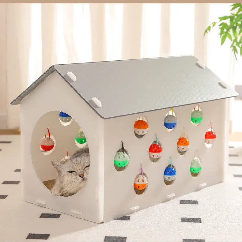 Integrated cat scratch board and nest toy with tunnel design and bell ball