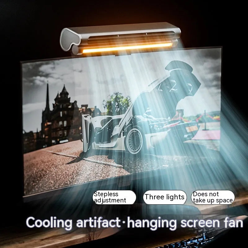 Black USB bladeless fan with clip-on laptop mount and integrated LED lighting