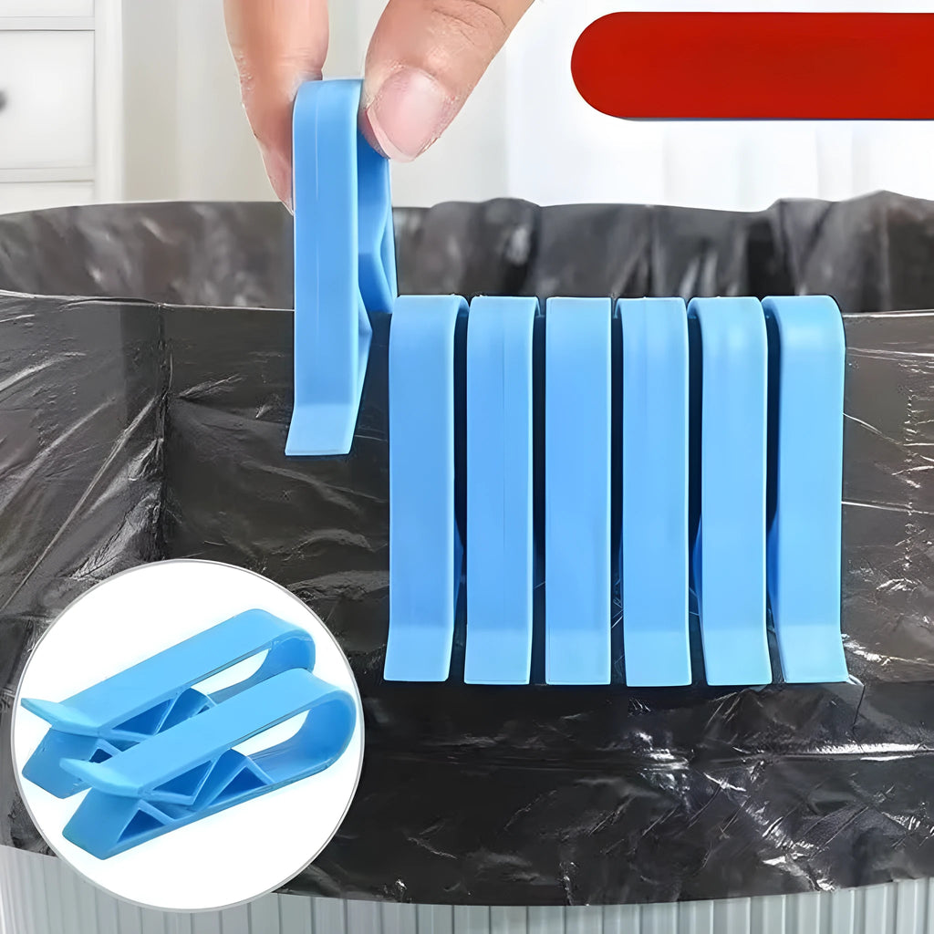 White PP plastic non-slip clip for holding a garbage bag onto a rubbish bin.