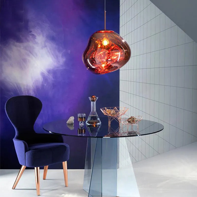 Nordic style irregular glass ceiling chandelier in gold finish, showing E27 bulb socket.