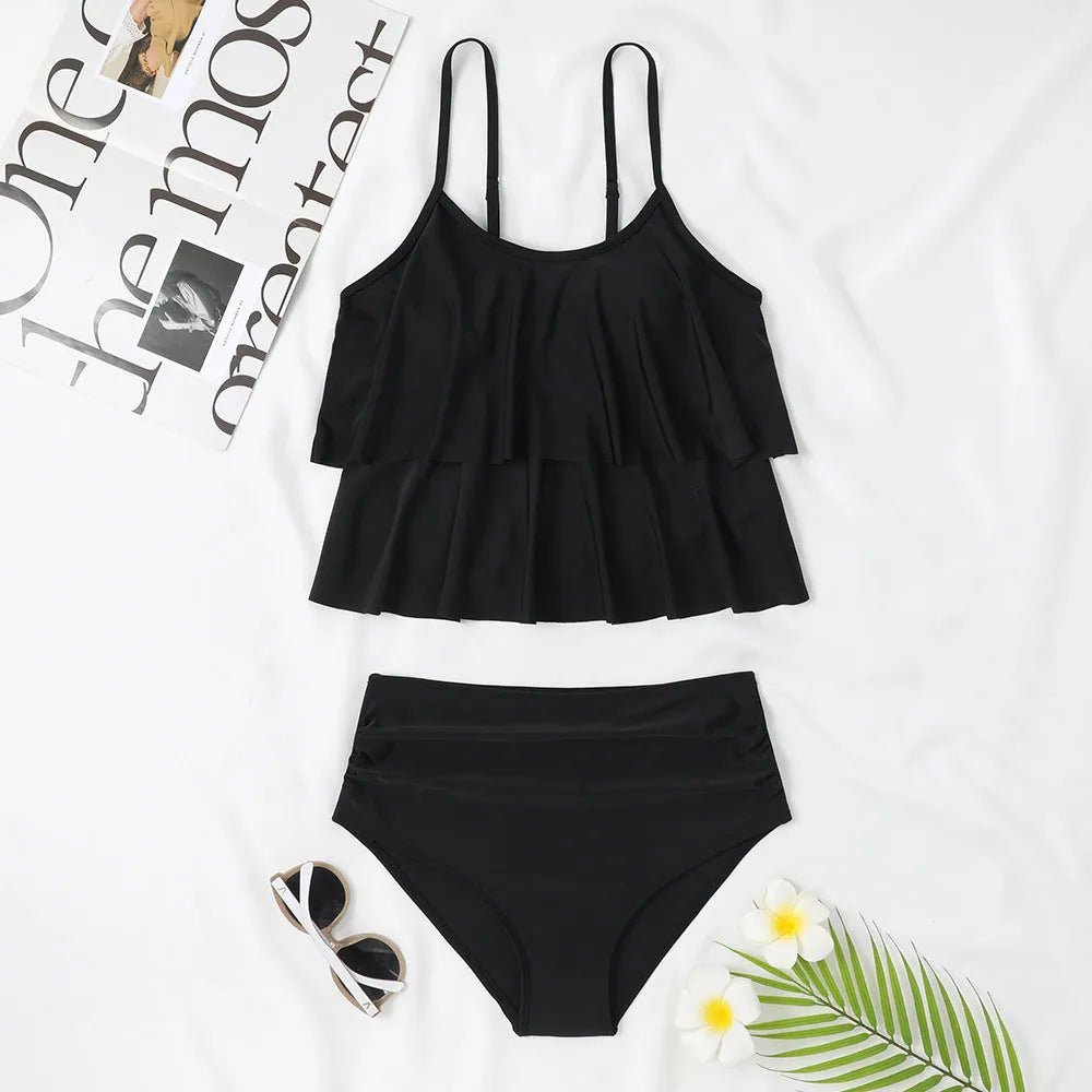 High-waist double-layer swimsuit with printed pattern, sleeveless top and briefs