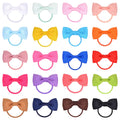 80-piece baby hair ties with bows set showing multi-coloured grosgrain ribbon bows attached to elastic bands