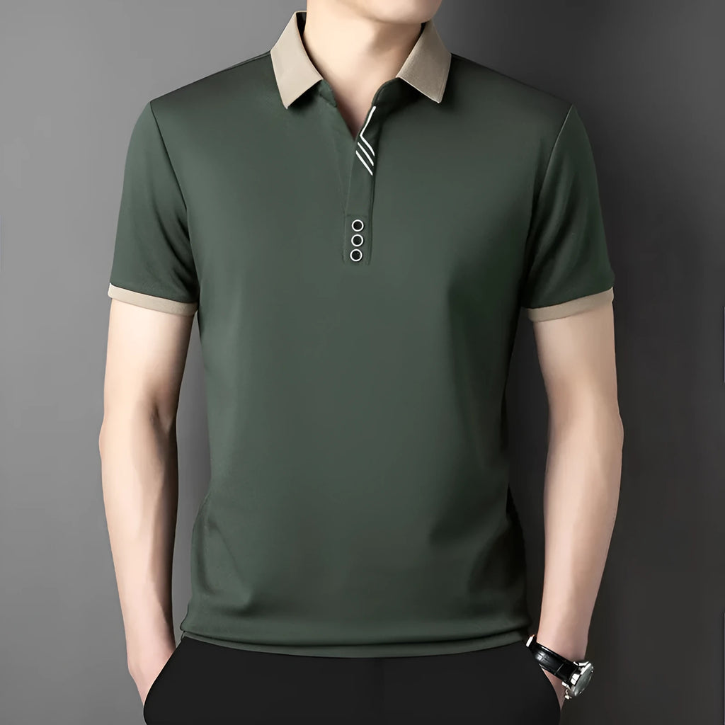 Summer lapels short-sleeved T-shirt for men, solid colour, asymmetric hem, available in green, white, red, black, khaki, and grey from 2504 and 2430 series.